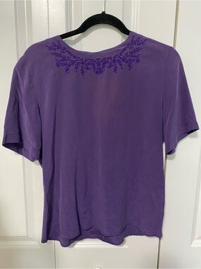 YL by Yair Purple Embroidered Silk Short Sleeve Top